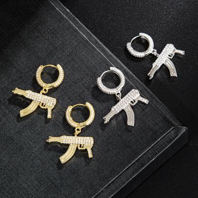 China Hiphop 2022 Iced Out Best Quality CZ Zircon Stones Gun Clip On Drop Earring Charm Hip Hop Earrings for sale