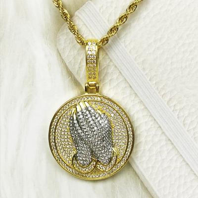 China Hiphop Iced Out Prayer Pendant Necklace 14K Gold Diamond Hand Locket Hiphop Pray Dangle Charms for sale