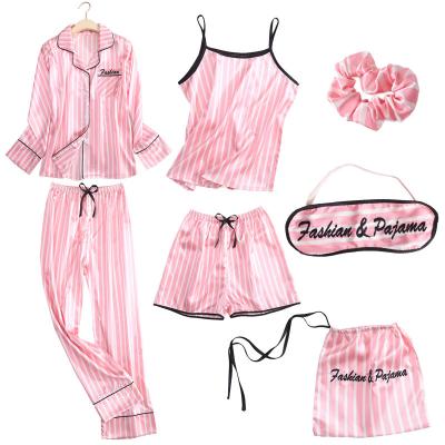 China Pink QUICK DRY Women's 7 Piece Pajamas Sets Emulation Silk Striped Summer Autumn Homewear Spring Sleepwear Sets Women Pajamas for sale