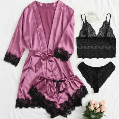 China QUICK DRY Pijama Women Satin Nightgown Pajamas Set Gecelik Lace Camisole Shorts Bow Robe Set Sleepwear Pajamas Set Women Pajamas Femme for sale