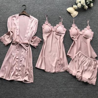 China Hot Retail New QUICK DRY Four Piece Pajamas Sets Women Summer Homewear Bridal Long Robe Silk Bathrobe for sale