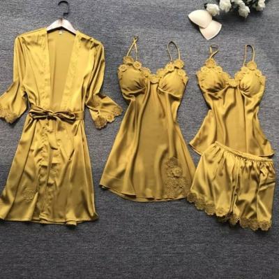 China Hot Sale QUICK DRY Four Piece Sets Lace Up Silk Satin Pajamas Loungwear Flower Nightwear Women Summer Homewear Bridal Robe Bathrobe Set for sale