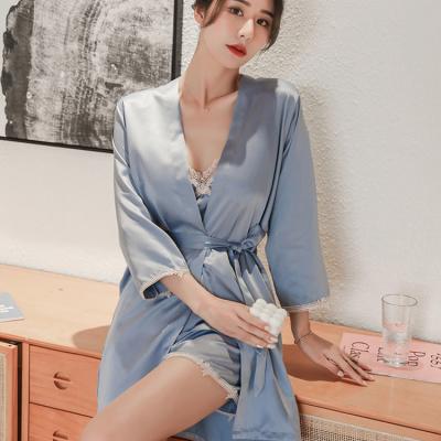 China Shorts QUICK DRY 3 Piece Sleeveless Nightgown Robe Set Ladies Sexy Pajamas Ice Silk Nightgowns For Women for sale