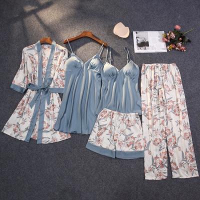 China Fashion QUICK DRY Print Lace Up Floral Satin Long Robe Pajamas Sets Femme For Women for sale