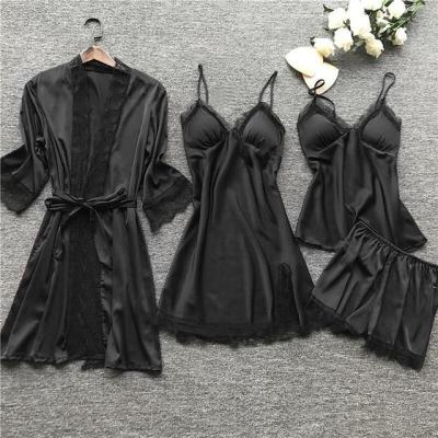 China QUICK DRY sleepwear robe bath robe set piyama nightgown women silk pajamas woman sleeping to use sexy satin pajamas 4pc for sale