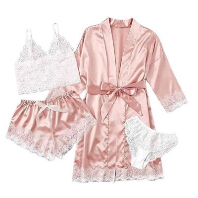 China Pigamas QUICK DRY Robe Lingerie Underwear Shorts Four Piece Sleepwear Lace Silk Nightgown Pajamas Sets Sexy Women Ladies Nightgowns for sale