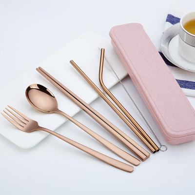 China 304 Stainless Steel Fork Spoon Chopsticks Cutlery Straw Buyers Wheat Wholesale Custom Portable Box Viable Set 2 for sale