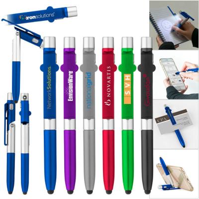 China Promotional pen Customized multifunctional 5-in-1 ballpoint pen with stylus; phone holder; business card stand and street light-custom logo imprint pen for sale