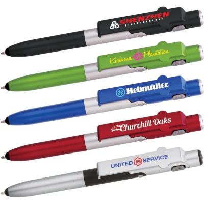 China Promotional Pen 4 in 1 Promotional Gift Customized Wide Logo Clip Ballpoint Pens with Led Torch Light, Capacity Stylus and Movable Holders Stands for sale