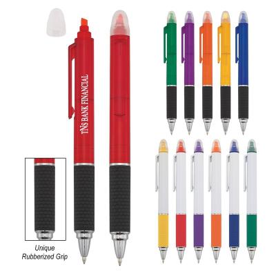 China Promotional Pen Customized Soft Comfortable Rubber Grip Highlighter Bar Tip Ballpoint Pen with Highlighter Bar and Custom Logo for sale