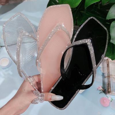 China New Fashion Trend Color Diamond Square Head And Flat Bottom Crystal Jelly Flip Flop Slippers For Women Shoes for sale