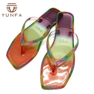 China Luxury Fashion Trend Factoey Direct Selling Square Toe Flat Crystal Thongs Slides Slippers Jelly Sliders Shoes For Ladies for sale