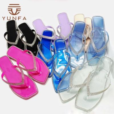 China Hot Sale Fashion Trend Colorful Sexy Women Sandals Outdoor PVC Strappy Square Toe Flat Flip Flops Jelly Sliders Shoes Slippers For Ladies for sale