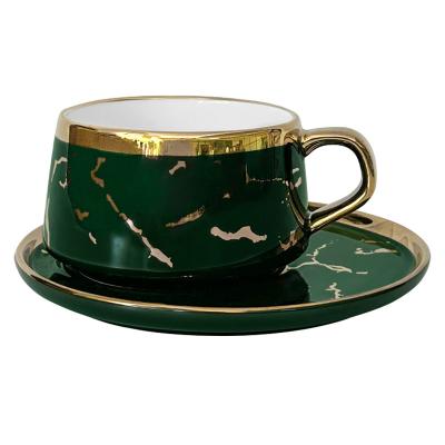 China Sustainable Nordic luxury reusable ceramic gold edge saucer marble painted cup coffee cup and saucer for sale