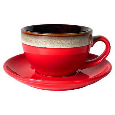 China Sustainable Unique design transmutation glazed grey and red home hotel coffee tea wholesale tea cups and saucers for sale