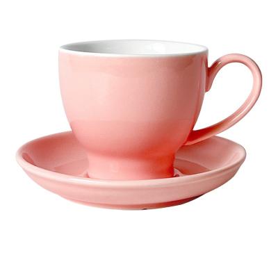 China Sustainable High quality light luxury customized pink color shrink foot design ceramic tea cup set with saucer for sale