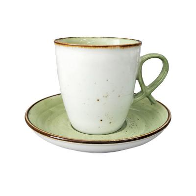 China Sustainable Unique binaural design ceramic cup and saucer custom logo printed espresso cup for hotel for sale