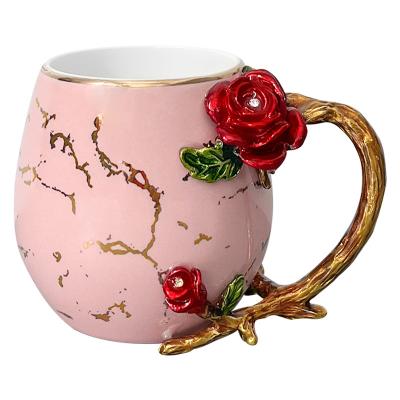 China Sustainable Elegance enamel three sizes rose form design novel handle porcelain coffee mug for birthday gift for sale