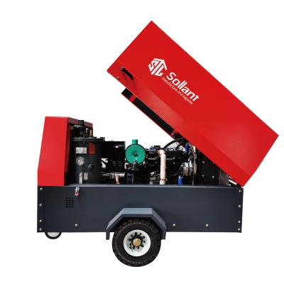 China Lubricated Mining Used 8bar 350cfm 189psi Towable Skid Mounted Diesel Engine Mobile Screw Air Compressor for sale