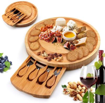 China Wholesale Custom Viable Cheese Board Round Cheese Chopper Round Wooden Dish Cheese Dish Knife Bamboo Box for sale