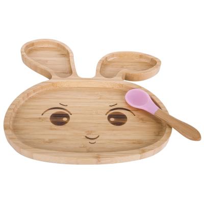 China Wholesale Available Natural Bamboo Toddler Modern Sample Baby Bunny Rabbit Suction Plate With Spoon Set, Stay Put Feeding Dish for sale