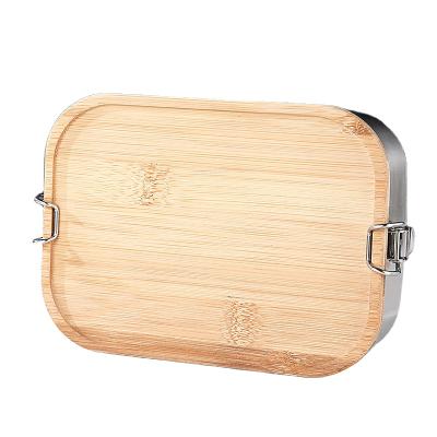 China Sustainable Eco-Friendly Leakproof 304 Stainless Steel With Bamboo Lid 2 Loop Bento Lunch Box With Bamboo Lid for sale