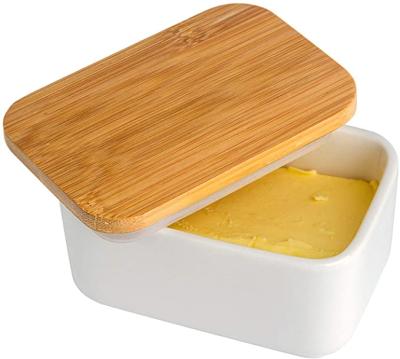 China Freshness Keeping Porcelain Butter Dish with Bamboo Lid, Butter Keeper Butter Container with Cover for Countertop or Refrigerator for sale