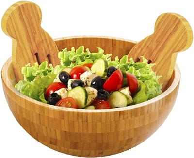 China Large Sustainable Bamboo Salad Bowl with 2 Utensils Acacia Wave Serving Bowl with Salad Hands for Fruits or Salads for sale