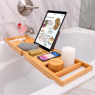 China Sustainable Luxury Bamboo Caddy Tray Expandable Bathtub Bathtub Caddy for Reading Stand or Tablet Holder for sale