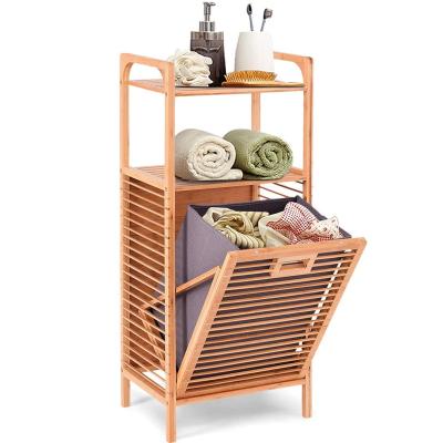 China Modern Tilt-Up Laundry Hamper Basket Shelf Removable Liner Bamboo Freestanding Storage Laundry Shelf for sale