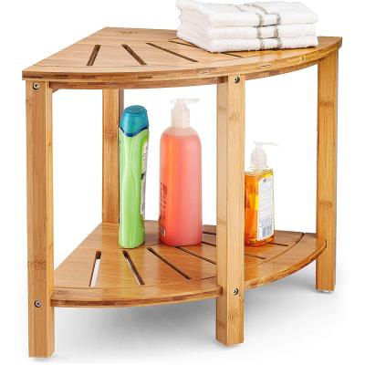 China SALON Bamboo Corner Shower Bench with Storage Shelf for Bathroom Organization Spa Stool Wooden Bench for sale