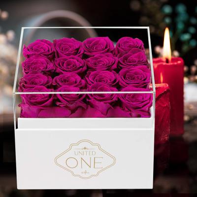 China Real UO Preserved Romantic Rose Floral Boxes Rose Flower Acrylic Preserved Flowers Eternal Lasting Immortal Infinity Stabilize Square Box Preserve Roses for sale