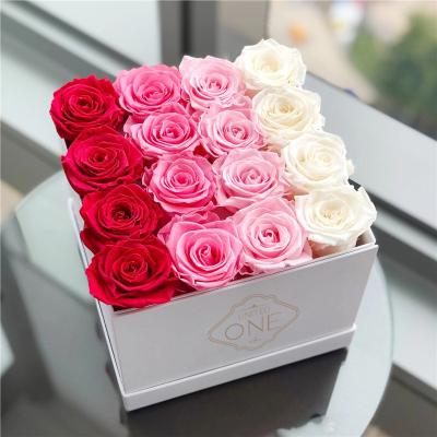 China Real Romantic Preserved Rose UO Mix Color Two Year Preserved Rose Square Shaped Box Preserved Flower Eternal Roses For Valentine Mother Gift for sale