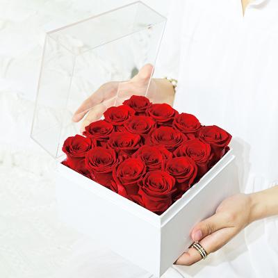 China Real UO Preserved Romantic Rose Square Shaped Box Eternal Preserved Red 16 PCS Rose Preserved Flower Roses For Valentine Mother Gift for sale