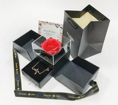 China Real Rose UO Romantic Preserved Luxury Valentine's Day Gift Set Acrylic Cover Flower Immortal Jewelry Box With Necklace Stand Preserved Flower for sale