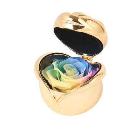 China Real Romantic Preserved Eternity Rose UO Custom Golden Metal Box Preserved Roses in Jewelry Heart Shaped Ring Box For Valentines Mother's Day Gifts for sale