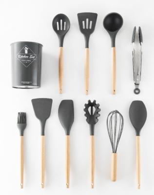 China Vintage 12 Pcs One Silicone Cooking Utensils Beech Wood Handle Cookware Set for sale