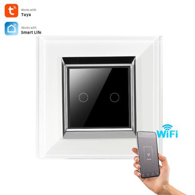 China Smart glass tuya home switch 2 band 2 way touch switches app control wifi touch panel wall switch glass switch for sale