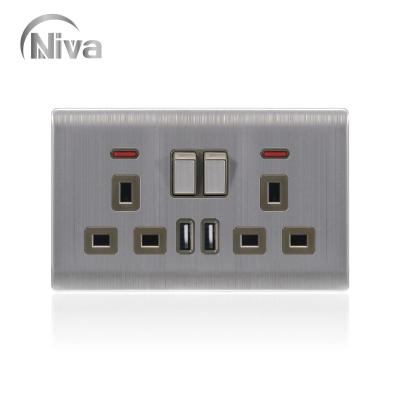 China Stainless Steel Faceplate Double 2 Outdoor British Strip UK 13A 3 Pin Electric Flat Light Wall Switched Socket With Dual USB for sale