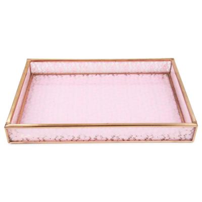 China Viable Pink Scent Tray Metal Makeup Decorative Glass Rectangle Mirrored Jewelry Tray Organizer For Vanity Bathroom Dressing Table for sale