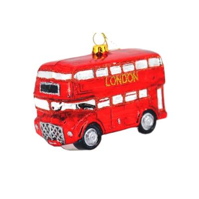 China Christmas Decoration Red Cartoon Hanging Glass Bus Open Car Figurine Toy For Indoor Hanging Tree Christmas Decoration for sale