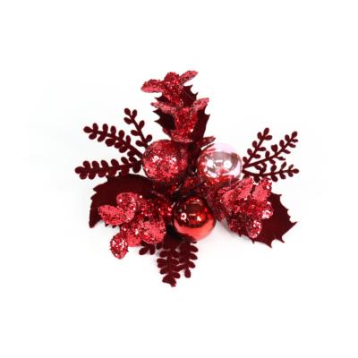 China Christamas Tree Decoration Wine Red Glitter Flower with Ball Clip Decoration for Decoration Party Indoor Wedding Decoration for sale