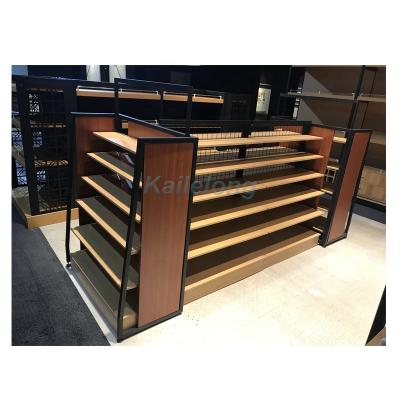 China Double Sided Display Shelf Supermarket Shelves Retail Store Wooden Display Shelf Use Department Snack Shops for sale