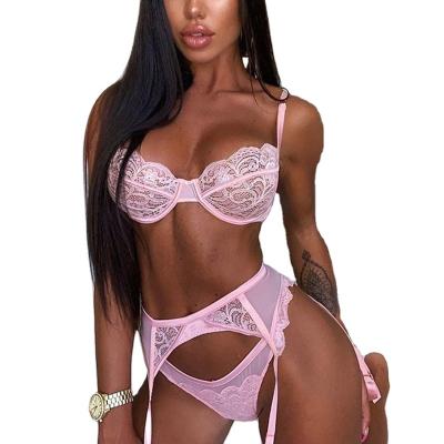 China Polyester& Amazon best selling custom transparent spandex 3 piece hollow lace up black women bra and sexy panties women for sale