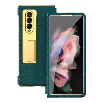 China Shockproof For Samsung 3 Fold Phone Cover Hard PC Leather Phone Case For 5g Holster Plated Full Stand Protection Inclusive Case for sale