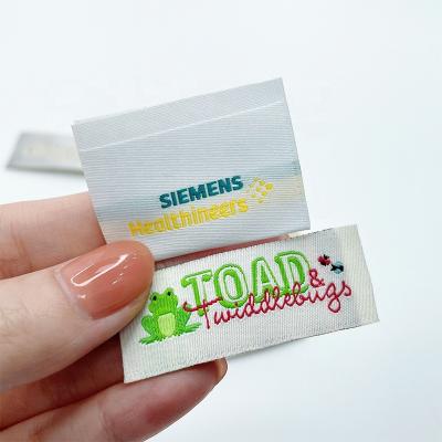 China Free Sample Viable LOGO Name Cloth Tags Garment Woven Label Custom Satin Fabric Sew On Soft Damask Woven Labels For Apparel for sale