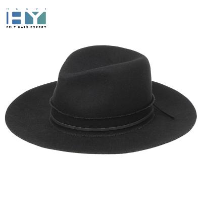 China 100% Handmade High Quality Customized Big Brim Mens Stiff Flat Wool Felt Fedora Hat With Ribbon Black for sale