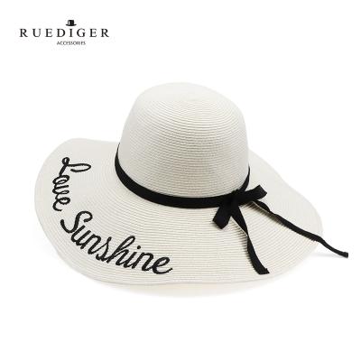 China Summer Custom Picture Women Paper Straw Hat White With Bow Folding Ribbon for sale