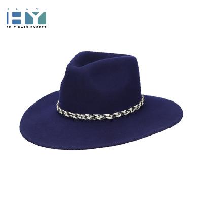 China Custom Women Soft Blue Picture Winter Woolen Panama Felted Hat Wide Brimmed Embroidered Hats for sale