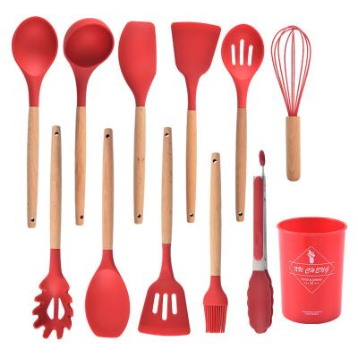 China Viable Wholesale 12 Pieces Food Grade Silicone Kitchenware Spatula Silicone Kitchen Utensils Set With Wooden Handles for sale